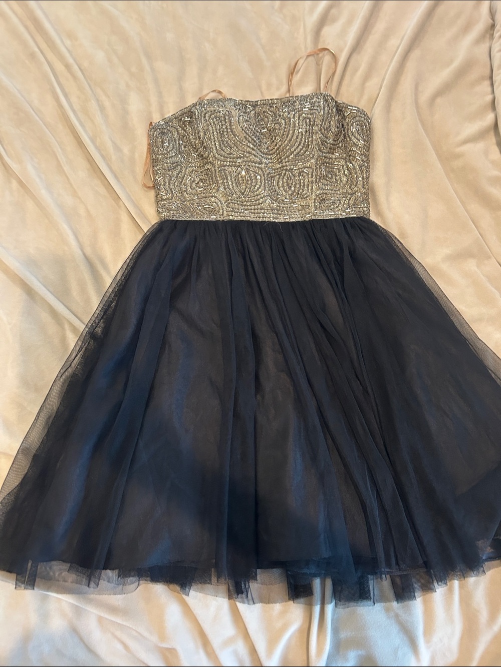 Strapless black Tulle Dress with Gold Beaded Bodice